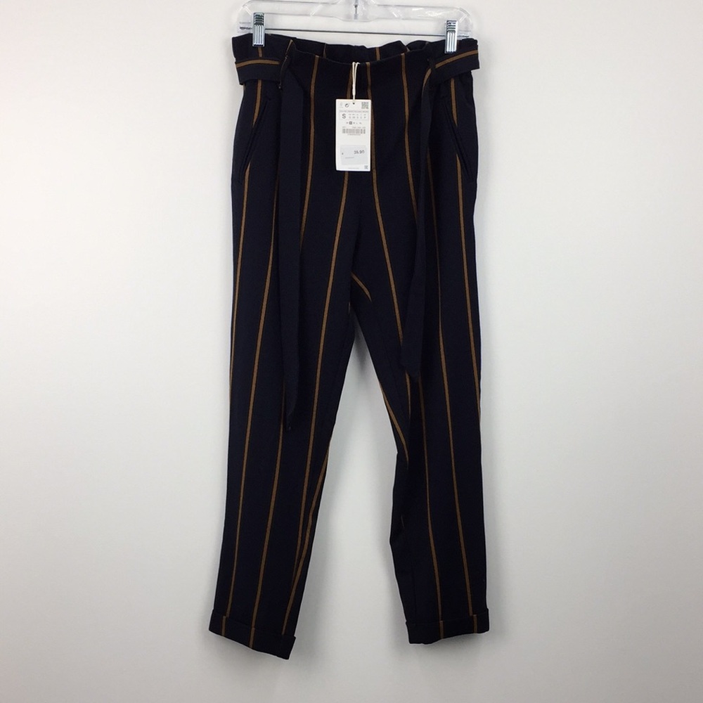 NWT Zara Navy Blue And Gold Stripe Paper Bag Pants